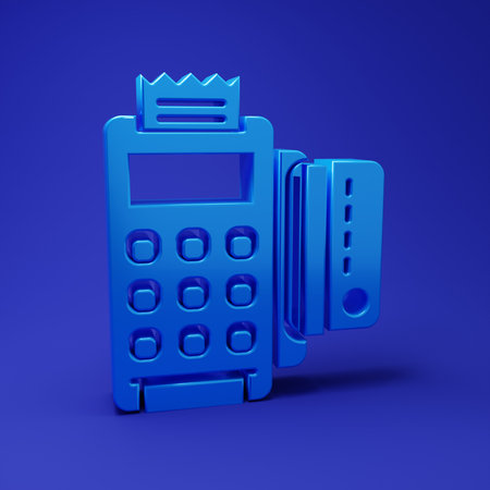 Blue POS terminal with inserted credit card and printed recipient icon isolated on blue background. NFC payment concept. Minimalism concept. 3D render illustration.の写真素材
