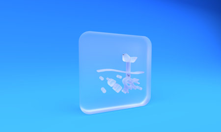 Frosted glass The problem of pollution of the planet icon isolated on blue background. The garbage, plastic, bags on the planet. Square frosted glass button. 3D render illustration.の写真素材
