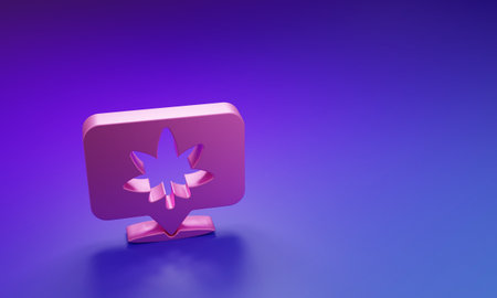 Pink Map pointer and marijuana or cannabis leaf icon isolated on purple-blue background. Hemp symbol. Minimalism concept. 3D render illustration.の写真素材