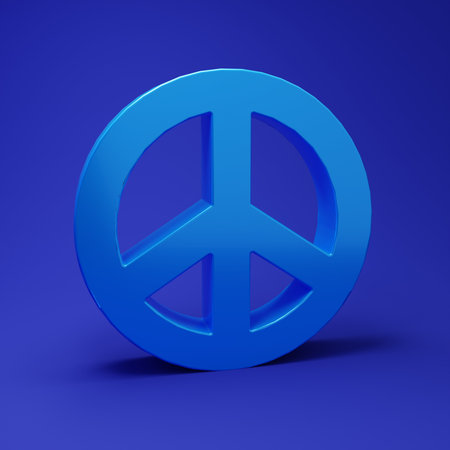 Blue Peace icon isolated on blue background. Hippie symbol of peace. Minimalism concept. 3D render illustration.の写真素材