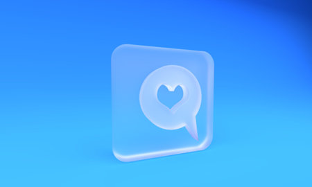 Frosted glass Heart in speech bubble icon isolated on blue background. Heart shape in message bubble. Love sign. Valentines day symbol. Square frosted glass button. 3D render illustration.の写真素材