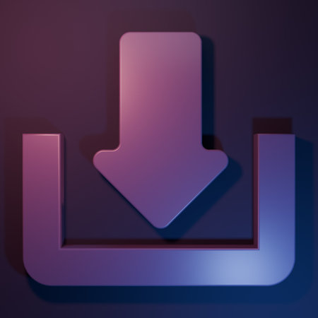 Purple Download icon isolated on purple-blue background. Upload button. Load symbol. Arrow point to down. Minimalism concept. 3D render illustration.の写真素材