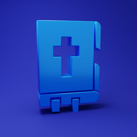 Blue Holy bible book icon isolated on blue background. Minimalism concept. 3D render illustration.の写真素材