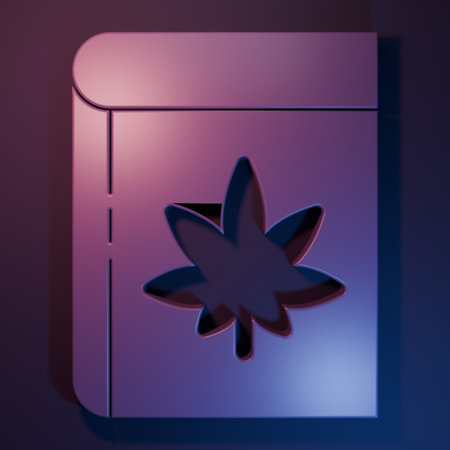 Purple Book and marijuana or cannabis leaf icon isolated on purple-blue background. Hemp symbol. Minimalism concept. 3D render illustration.の写真素材