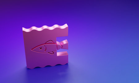Pink Stop ocean plastic pollution icon isolated on purple-blue background. Environment protection concept. Fish say no to plastic. Minimalism concept. 3D render illustration.の写真素材