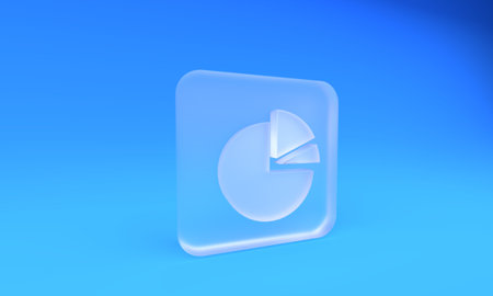 Frosted glass Pie chart infographic icon isolated on blue background. Diagram chart sign. Square frosted glass button. 3D render illustration.の写真素材