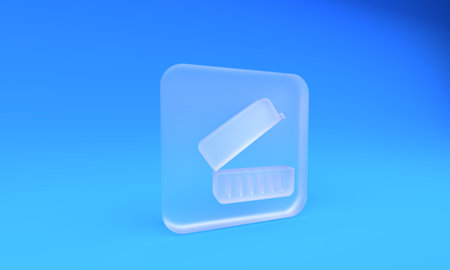 Frosted glass Lunch box icon isolated on blue background. Square frosted glass button. 3D render illustration.の写真素材