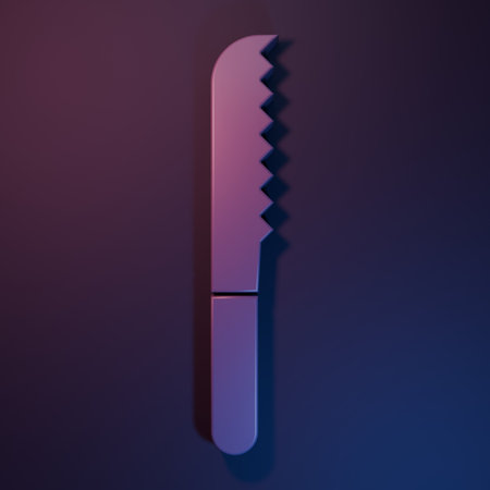 Purple Bread knife icon isolated on purple-blue background. Cutlery symbol. Minimalism concept. 3D render illustration.の写真素材
