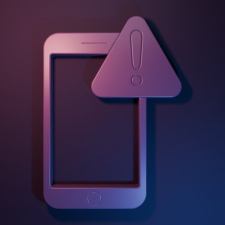 Purple Mobile phone with exclamation mark icon isolated on purple-blue background. Alert message smartphone notification. Minimalism concept. 3D render illustration.の写真素材