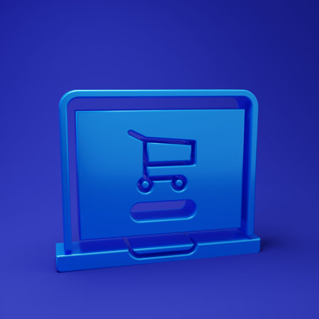 Blue Shopping cart on screen laptop icon isolated on blue background. Concept e-commerce, e-business, online business marketing. Minimalism concept. 3D render illustration.の写真素材