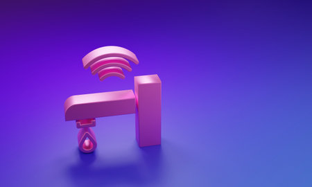 Pink Smart water tap system icon isolated on purple-blue background. Internet of things concept with wireless connection. Minimalism concept. 3D render illustration.の写真素材
