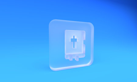 Frosted glass Holy bible book icon isolated on blue background. Square frosted glass button. 3D render illustration.の写真素材