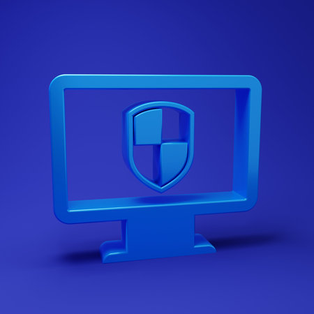 Blue Monitor and shield icon isolated on blue background. Computer security, firewall technology, internet privacy safety or antivirus. Minimalism concept. 3D render illustration.の写真素材