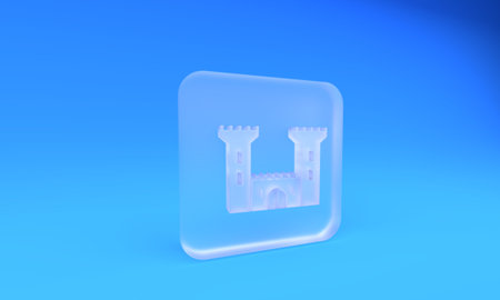 Frosted glass Castle icon isolated on blue background. Fortress sign. Square frosted glass button. 3D render illustration.の写真素材