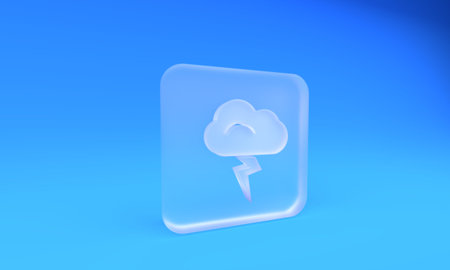 Frosted glass Storm icon isolated on blue background. Cloud and lightning sign. Weather icon of storm. Square frosted glass button. 3D render illustration.の写真素材