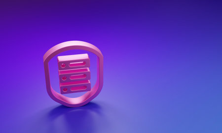 Pink Server with shield icon isolated on purple-blue background. Protection against attacks. Network firewall, router, switch, data. Minimalism concept. 3D render illustration.の写真素材