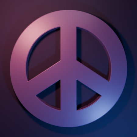 Purple Peace icon isolated on purple-blue background. Hippie symbol of peace. Minimalism concept. 3D render illustration.の写真素材