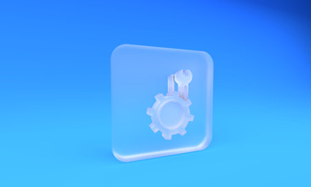 Frosted glass Wrench and screwdriver in gear icon isolated on blue background. Adjusting, service, setting, maintenance, repair, fixing. Square frosted glass button. 3D render illustration.の写真素材