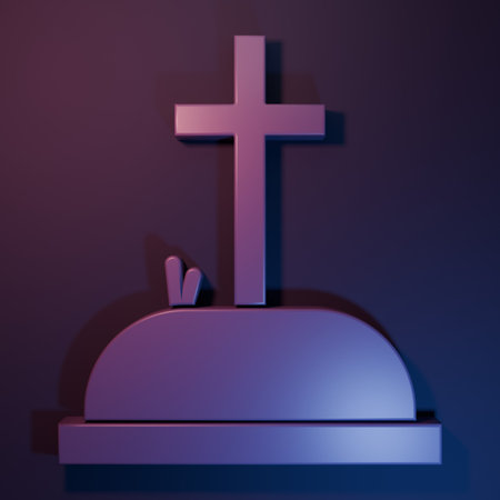 Purple Tombstone with cross icon isolated on purple-blue background. Grave icon. Minimalism concept. 3D render illustration.の写真素材