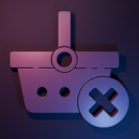 Purple Remove shopping basket icon isolated on purple-blue background. Online buying concept. Delivery service. Supermarket basket and X mark. Minimalism concept. 3D render illustration.の写真素材