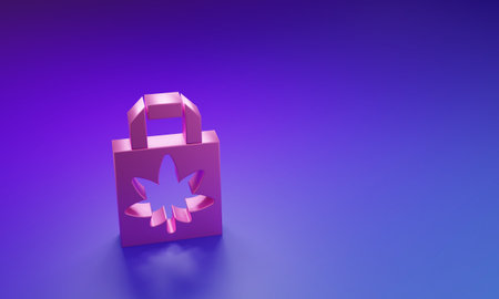 Pink Shopping paper bag of medical marijuana or cannabis leaf icon isolated on purple-blue background. Buying cannabis. Hemp symbol. Minimalism concept. 3D render illustration.の写真素材