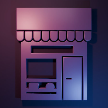 Purple Shopping building or market store icon isolated on purple-blue background. Shop construction. Minimalism concept. 3D render illustration.の写真素材