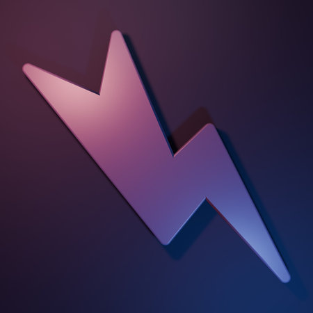 Purple Lightning bolt icon isolated on purple-blue background. Flash sign. Charge flash icon. Thunderbolt. Lighting strike. Minimalism concept. 3D render illustration.の写真素材