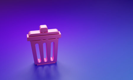 Pink Trash can icon isolated on purple-blue background. Garbage bin sign. Recycle basket icon. Office trash icon. Minimalism concept. 3D render illustration.の写真素材