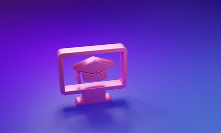 Pink Computer monitor with graduation cap icon isolated on purple-blue background. Online learning or e-learning concept. Internet knowledge. Minimalism concept. 3D render illustration.の写真素材