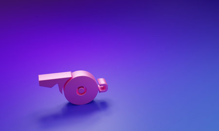 Pink Whistle icon isolated on purple-blue background. Referee symbol. Fitness and sport sign. Minimalism concept. 3D render illustration.の写真素材