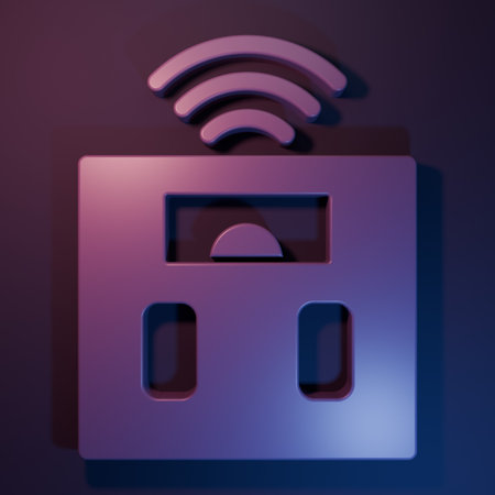 Purple Smart bathroom scales icon isolated on purple-blue background. Weight measure equipment. Internet of things concept with wireless connection. Minimalism concept. 3D render illustration.の写真素材