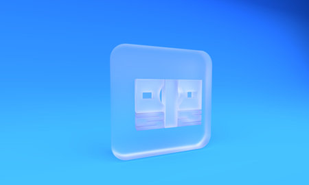 Frosted glass Stacks paper money cash icon isolated on blue background. Money banknotes stacks. Bill currency. Square frosted glass button. 3D render illustration.の写真素材