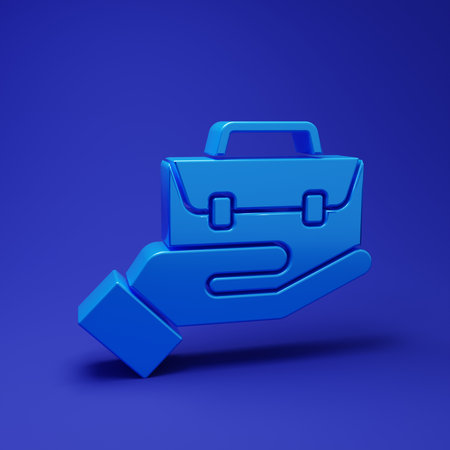 Blue Hand holding briefcase icon isolated on blue background. Insurance concept. Security, safety, protection, protect concept. Minimalism concept. 3D render illustration.の写真素材