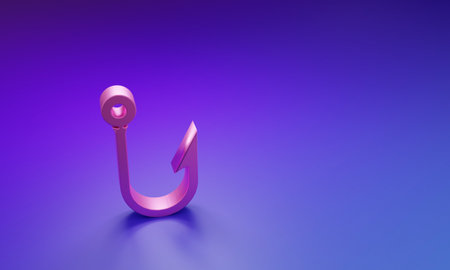 Pink Fishing hook icon isolated on purple-blue background. Fishing tackle. Minimalism concept. 3D...