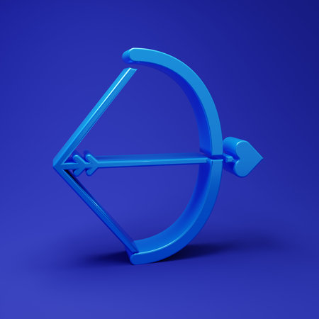 Blue Bow and arrow icon isolated on blue background. Cupid symbol. Love sign. Valentines day concept. Minimalism concept. 3D render illustration.の写真素材