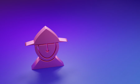 Pink Medieval iron helmet for head protection icon isolated on purple-blue background. Minimalism concept. 3D render illustration.の写真素材