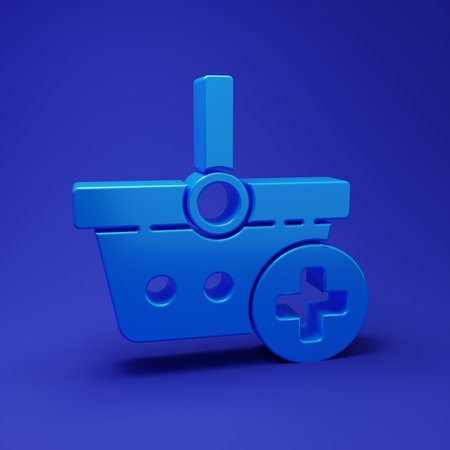 Blue Add to Shopping basket icon isolated on blue background. Online buying concept. Delivery service. Supermarket basket symbol. Minimalism concept. 3D render illustration.の写真素材