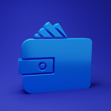 Blue Wallet with stacks paper money cash icon isolated on blue background. Purse icon. Cash savings symbol. Minimalism concept. 3D render illustration.の写真素材