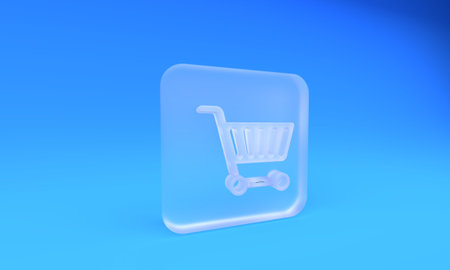 Frosted glass Shopping cart icon isolated on blue background. Online buying concept. Delivery service sign. Supermarket basket symbol. Square frosted glass button. 3D render illustration.の写真素材