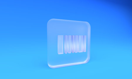 Frosted glass Barcode icon isolated on blue background. Square frosted glass button. 3D render illustration.の写真素材