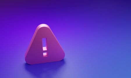 Pink Exclamation mark in triangle icon isolated on purple-blue background. Hazard warning sign, careful, attention, danger warning sign. Minimalism concept. 3D render illustration.の写真素材