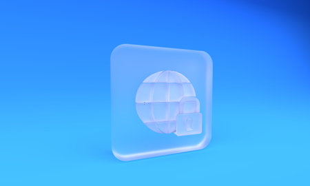 Frosted glass Global lockdown - locked globe icon isolated on blue background. Square frosted glass...