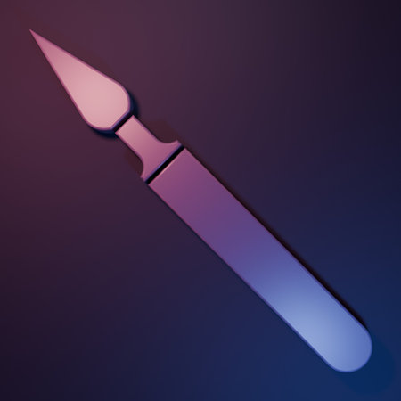 Purple Medical surgery scalpel tool icon isolated on purple-blue background. Medical instrument. Minimalism concept. 3D render illustration.の写真素材