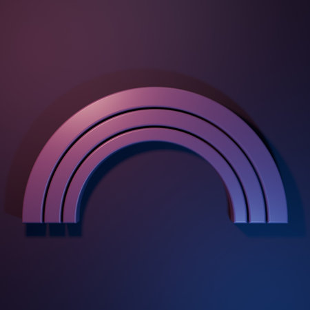 Purple Rainbow icon isolated on purple-blue background. Minimalism concept. 3D render illustration.の写真素材