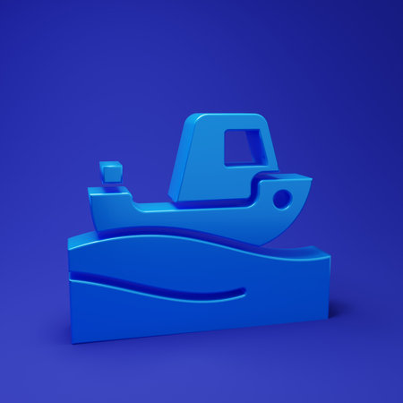 Blue Fishing boat on water icon isolated on blue background. Minimalism concept. 3D render illustration.の写真素材