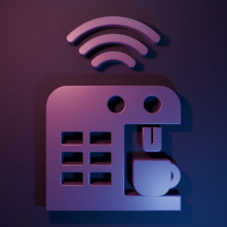Purple Smart coffee machine system icon isolated on purple-blue background. Internet of things concept with wireless connection. Minimalism concept. 3D render illustration.の写真素材