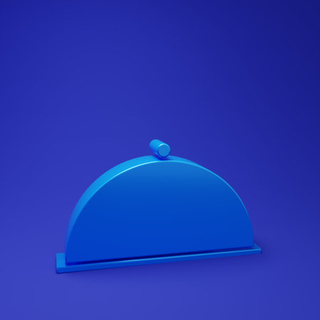 Blue Covered with a tray of food icon isolated on blue background. Tray and lid. Restaurant cloche with lid. Kitchenware symbol. Minimalism concept. 3D render illustration.の写真素材