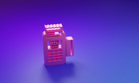 Pink POS terminal with inserted credit card and printed recipient icon isolated on purple-blue background. NFC payment concept. Minimalism concept. 3D render illustration.の写真素材