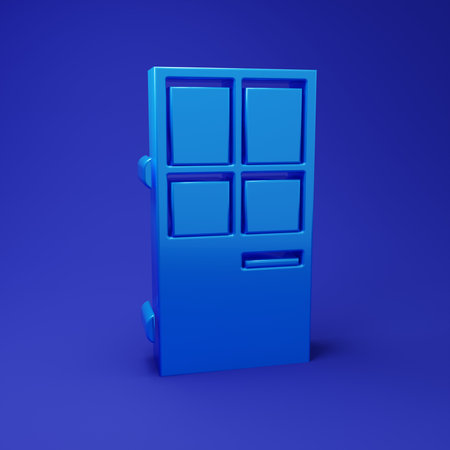 Blue Closed door icon isolated on blue background. Minimalism concept. 3D render illustration.の写真素材