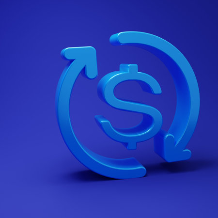 Blue Return of investment icon isolated on blue background. Money convert icon. Refund sign. Dollar converter concept. Minimalism concept. 3D render illustration.の写真素材